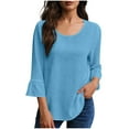 thumbnail image 6 of Women's 3/4 Sleeve Round Neck Casual Blouses Solid Color Ruffle Cuff Relaxed Fit Tops Ideal for Spring Summer Casual Daily Wear, 6 of 8