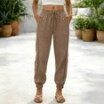 thumbnail image 2 of Women's Linen Pants with Pockets Side Lace Trim Trendy Beach Vacation Casual Trousers Elastic Bottom (L, Khaki), 2 of 7