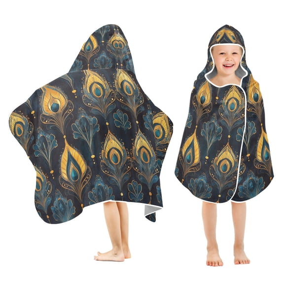 Yayeee Kids Hooded Towel with Hand Pockets Beach Soft Absorbent Bath Wrap 50 x 23.5 inch, Navy Blue Art Pattern