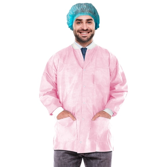 Disposable Lab Jackets SMS Material Light Pink 100 count Small 29 in Long with Snap Front