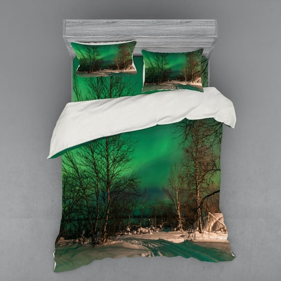 Ambesonne Landscape Bedding Set 4 Pcs, Snowy Frozen Road, Queen, Jade Green Brown White