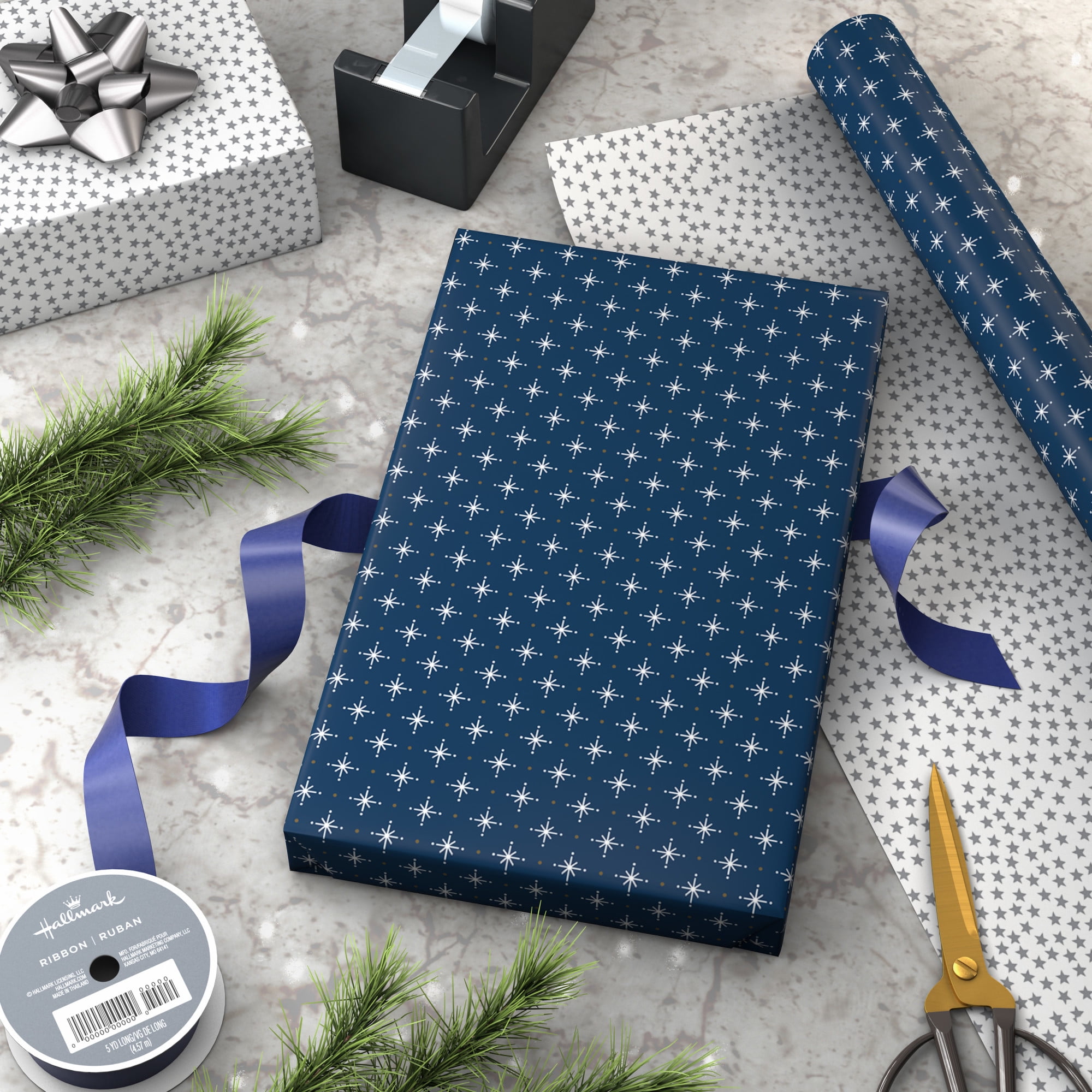 Hallmark Jumbo Holiday Reversible Wrapping Paper Roll (Snowflakes and Silver Stars) 60 sq. ft.