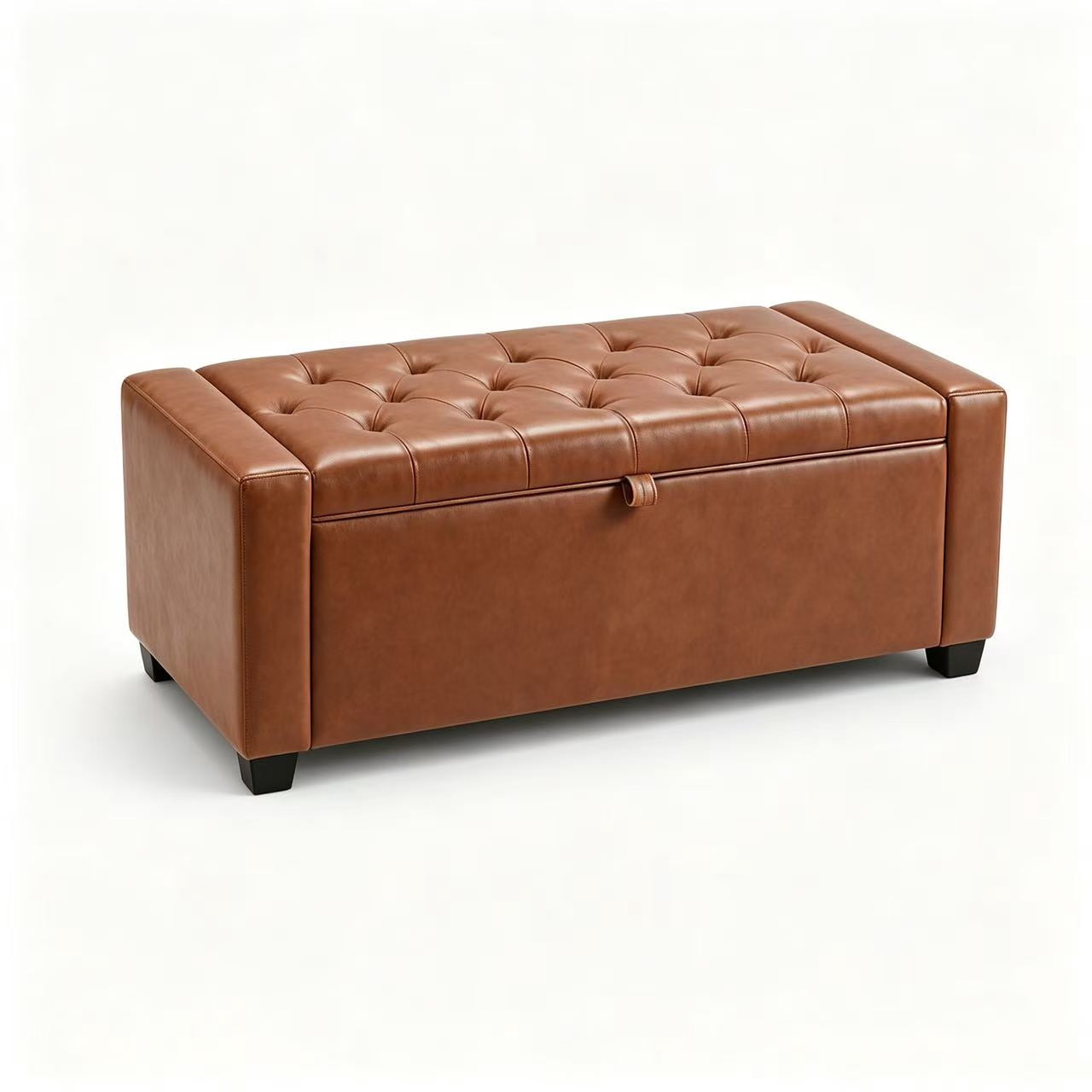 Storage Bench 43.3 Inch, Faux Leather Upholstered Ottoman Bench with Safety Hinge, End of Bed Storage Bench for Bedroom and Entryway, Brown