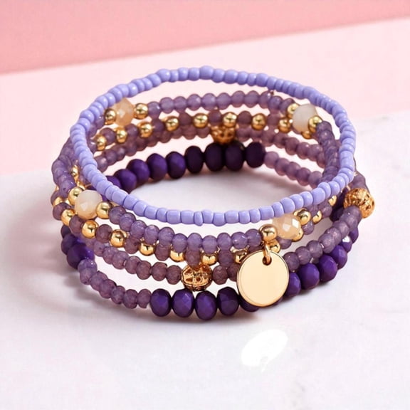 Purple Alloy Disc Pendant Beaded Bracelet Set of 5 Womens Simple Stylish Jewelry