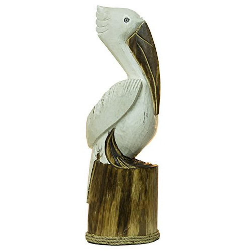 19 Inch Tall Solid Wood Pelican Statue Nautical Decoration (White
