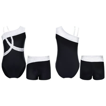 MSemis Kids Girls Sleeveless Shiny Diamond Gymnastics Dance Athletic Leotard with Shorts Sets