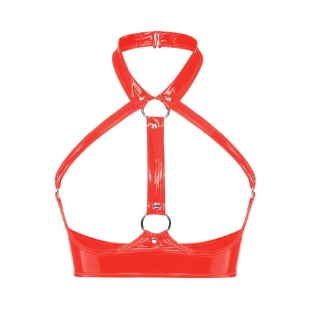 Sexy Women s Exposed Breasts Nipples Bra Lingerie Latex Leather Sleeveless Halter Buckled Wire-free Open Cup Bra Top