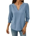 thumbnail image 5 of BangWanChi Women's Casual T-Shirts Fashion Ladies Solid 3/4 Length Sleeve Smocked Cuffed V-Neck Shirt Blue L, 5 of 6