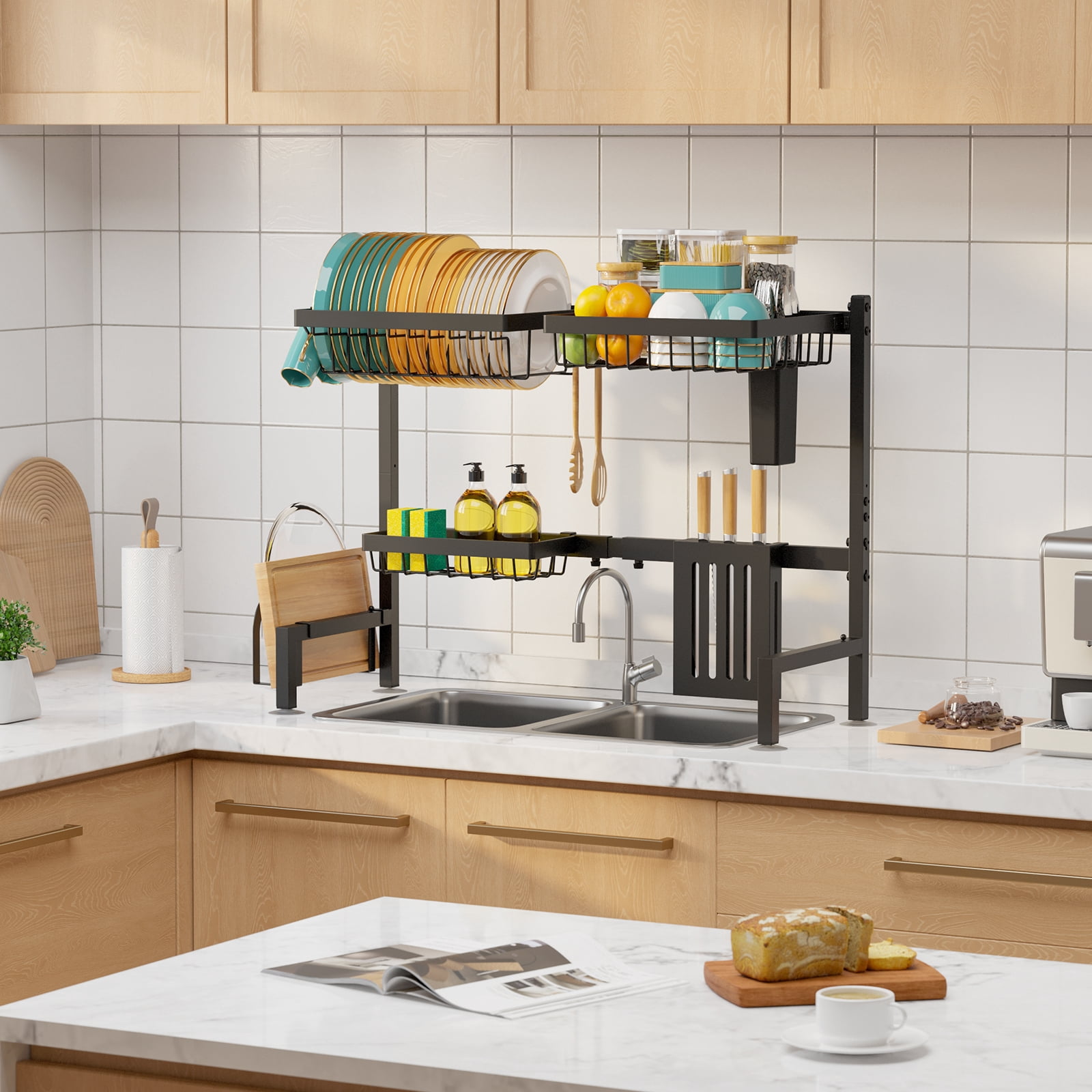Sakugi Over The Sink Dish Drying Rack, 30" -33.9" L x 11" W x 21" H Expandable Dish Drainer, Stainless Steel Dish Rack, Black