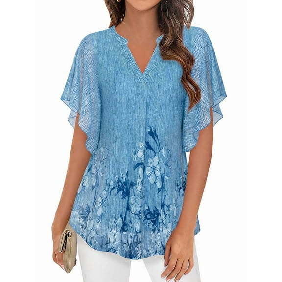 Women'S Short Sleeve V Neck Blouses Shirts Floral Double Layers Mesh Tunics Tops Gray-Blue Flower XXL