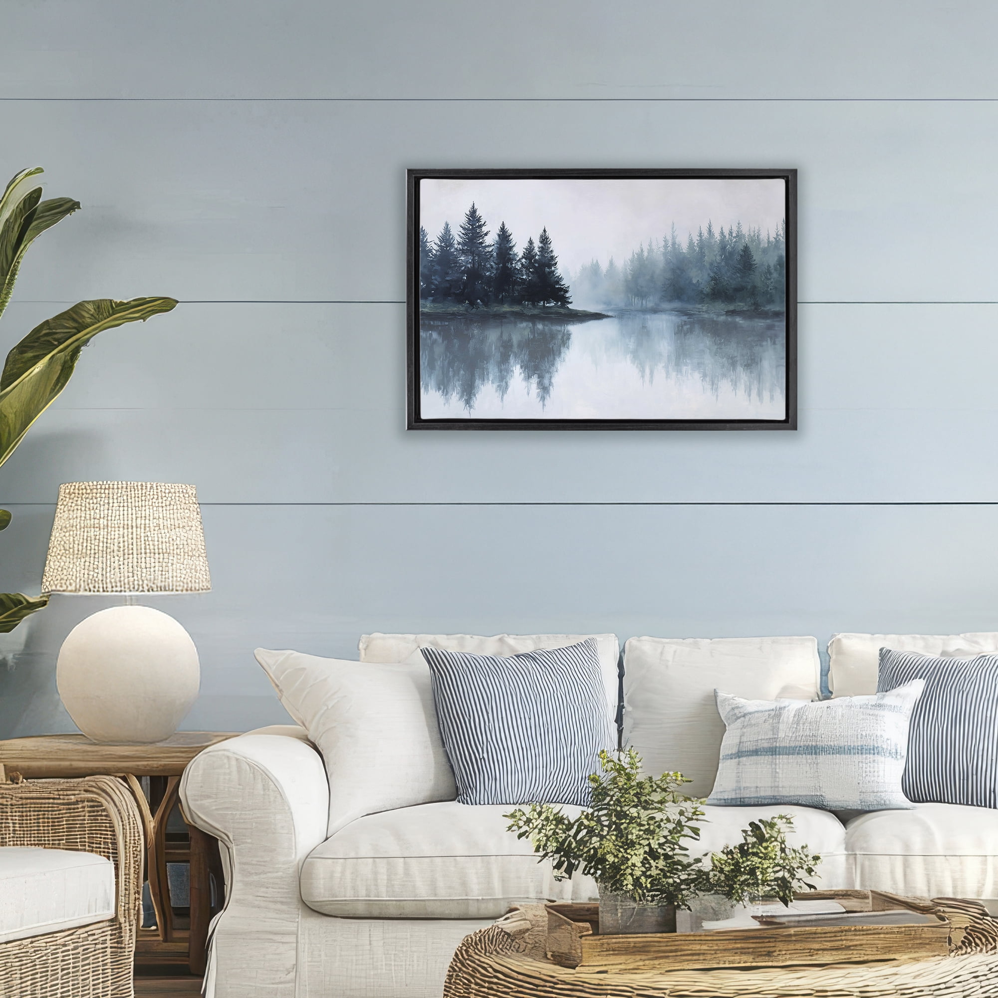 Stupell Industries Indigo Tree Reflections Black Framed Floater Canvas Wall Art, design by Jacky Ngan