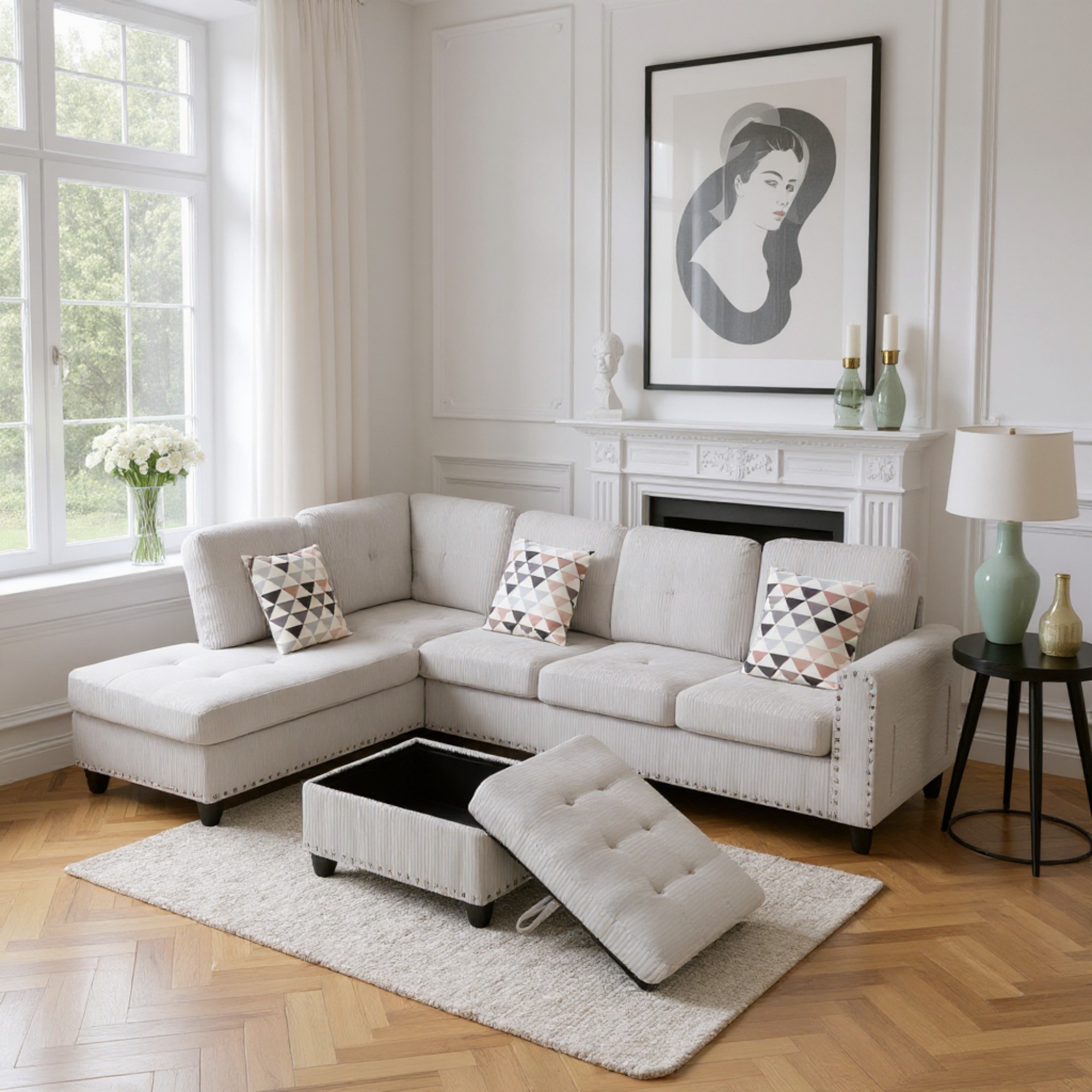 Gewnee 6 Seaters 94.49”L-Shaped Modular Sectional Sofa Couch ,Corduroy Fabric 2 Built-in Cup Holders with Storage Ottoman for Living Room