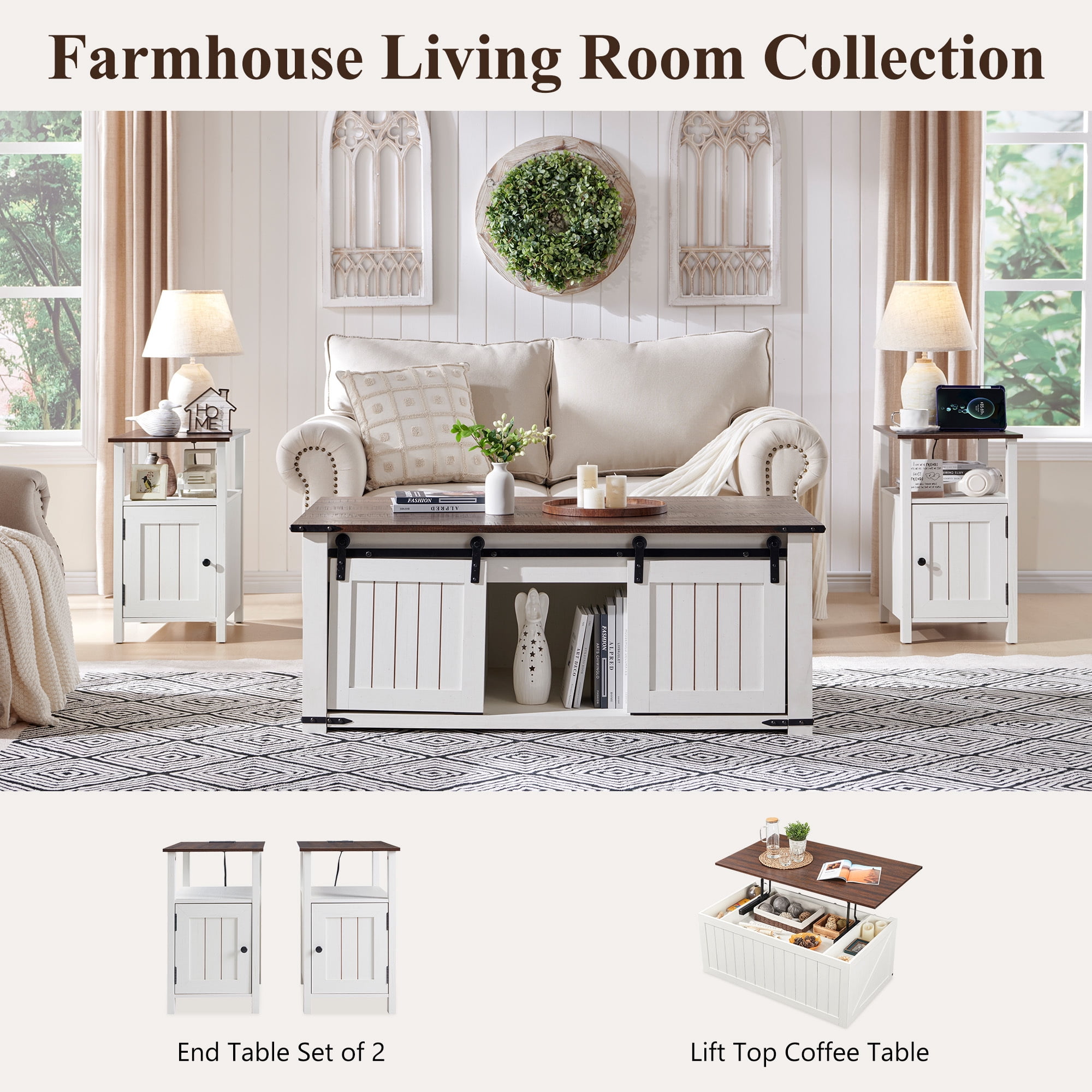 SinCiDo Farmhouse Coffee Table with Storage for Living Room, Lift Top Coffee Table w/Sliding Groove Barn Door
