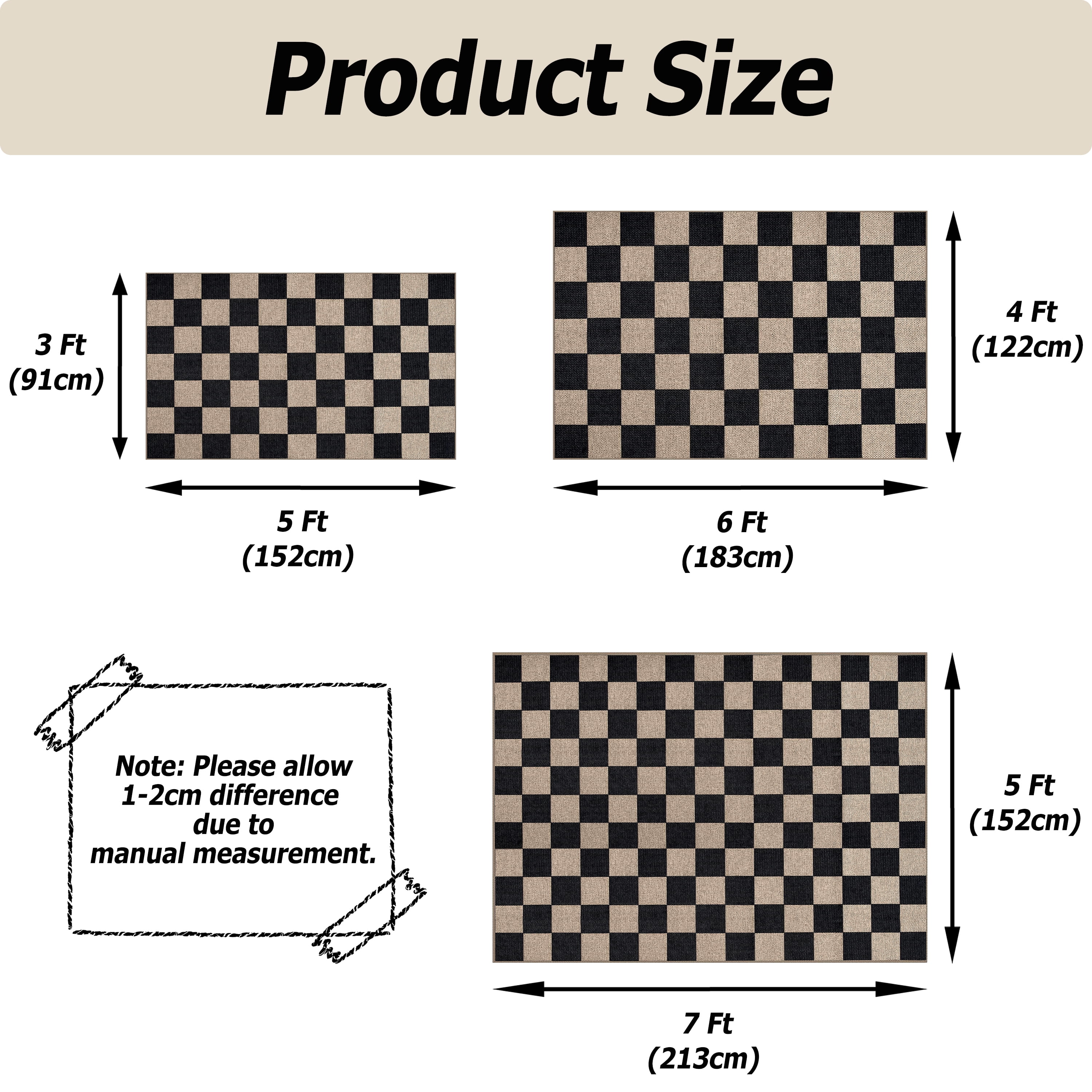 Artnice Easy Jute Indoor Outdoor Rugs, Washable Checkered Rugs Plaid Rugs, 3x5 Area Rugs for Living Room, Non Slip Carpet Mats for Home Décor