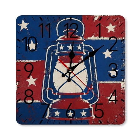RKSupls 10×10inch Square Silent Wall Clock Wooden Frame, Vintage Lantern Flag Distressed Scale Decorative Clock for Home Bedroom Living Room Office