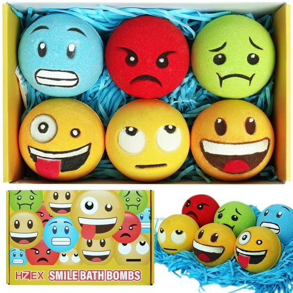 Smile Bath Bombs, HZEX 6 Extra Large Smile Face Bathbombs Fizzes for Men Women Kids, 6 Bath Fun Organic Bath Bomb with Essential Oils and Shea Butter, Creative Designs for Relaxation and Joy