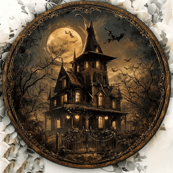 8x8in Vintage Halloween Sign, Flat Round Plaque, Haunted House Horror Castle Decor