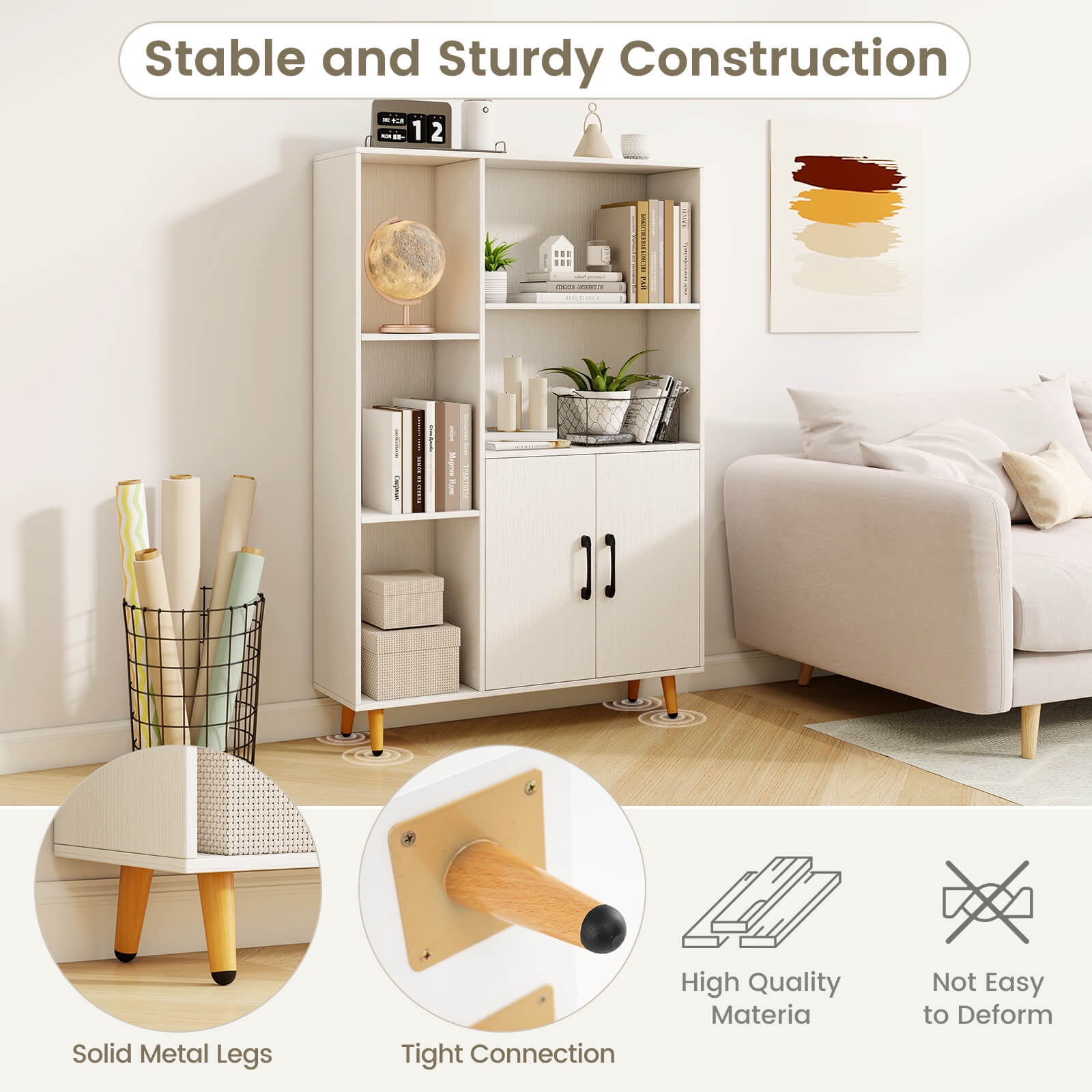 Costway HW63875 Floor Storage Cabinet Free Standing Wooden Display Bookcase Side Decor Furniture