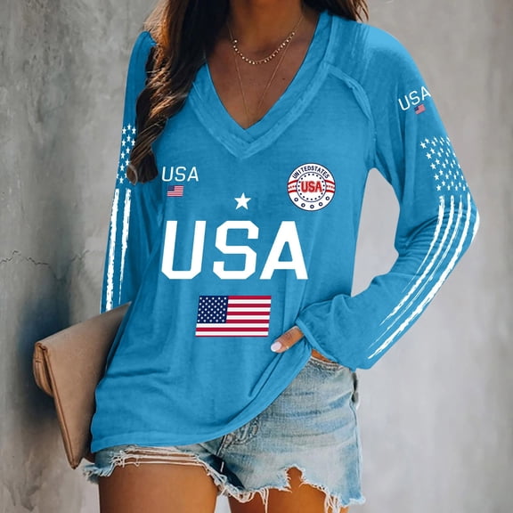 WHEANG Women's USA 250th Anniversary Shirt 1776-2026 Patriotic V Neck Long Sleeve Tee American Flag Graphic Tops Fashion Summer Comfortable Tee Color Blue Size XL