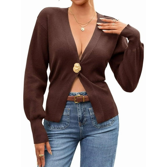 Women Knitted Cardigan Long Sleeve V-Neck Sweater One Leaf Button Down Outwear Coffee M