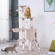 56 Inch Cat Tree Tower, Multi Level Cat Furniture Activity Center With Scching Posts, Climbing Ladder, Round House Condo For Kittens Kitty Pet Indoor Play, Beige