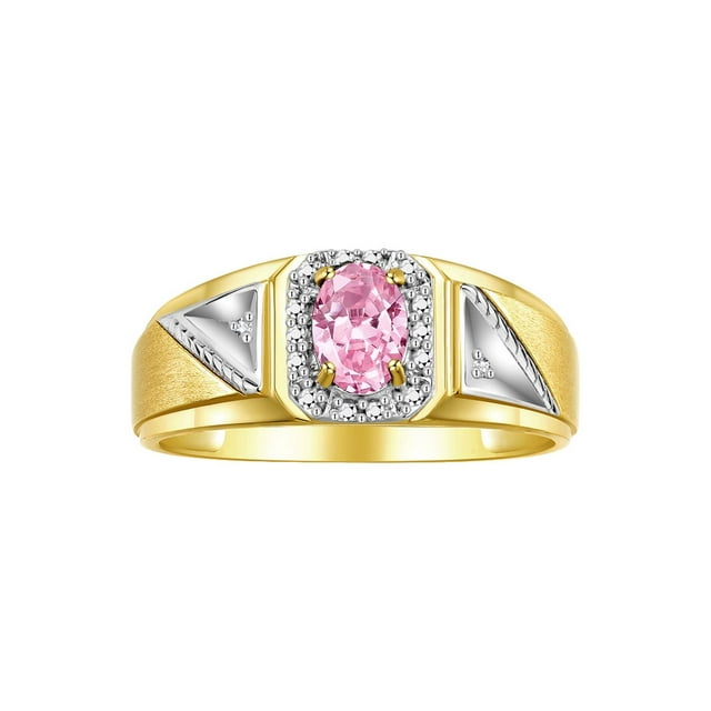 RYLOS Men's Rings 14K Yellow Gold Classic 7X5MM Oval Gemstone & Diamond Ring Pink Ice October Birthstone Rings For Men Size 11