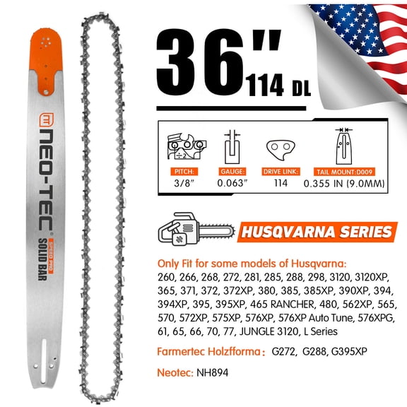 36'' Chainsaw Guide Bar 3/8" 0.063" 114DL Saw Chain For Husqvarna 298 385XP 394
