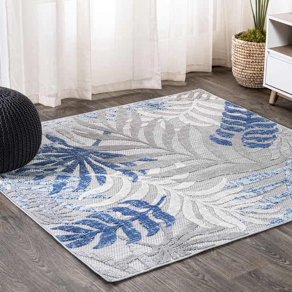JONATHAN Y AMALFI COAST 6' Square Area Rug, Tropics Palm Leaves - Gray/Blue, AMC100A-6SQ