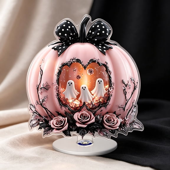 zhonghuaying 1 Pack Pink Halloween Pumpkin Rotating Ornament with Built-in Light, 6 Styles Hollow Ghost Floral Tabletop Centerpiece for Holiday Home Decor A