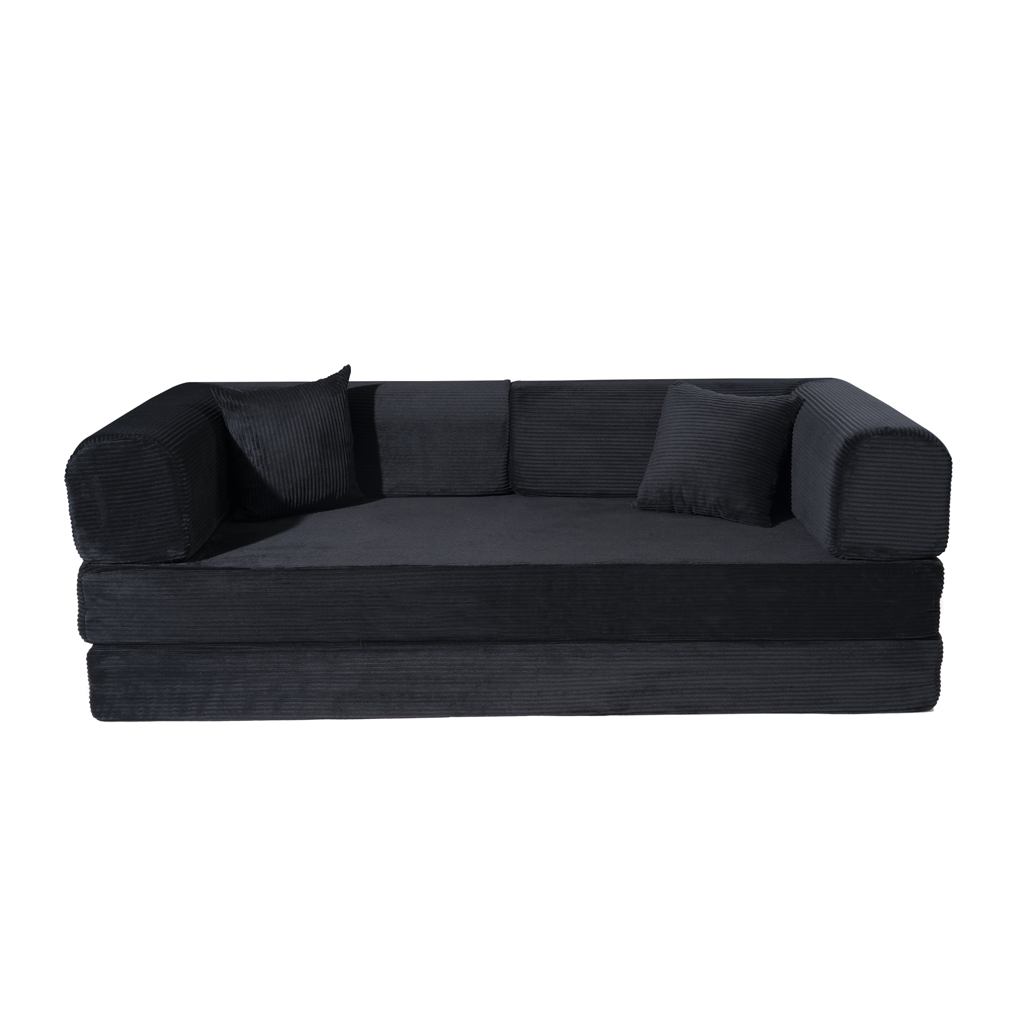 HOQBN Convertible Sofa Bed, Corduroy Fold Out Futon Sleeper Mattress with Pillows, Boneless Folding Floor Couch for Living Room Bedroom Black