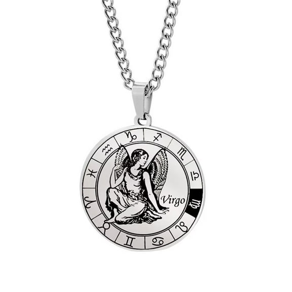 PAURO Men's Stainless Steel Engraved Round Coin Zodiac Sign Constellations Pendant Necklace Creative Jewelry Virgo