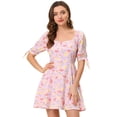 thumbnail image 1 of INSPIRE CHIC Robe Courte Évasée pour Femme à Encolure Cœur Fleurie, Manches Bouffantes, Coupe Ajustée, 1 of 5