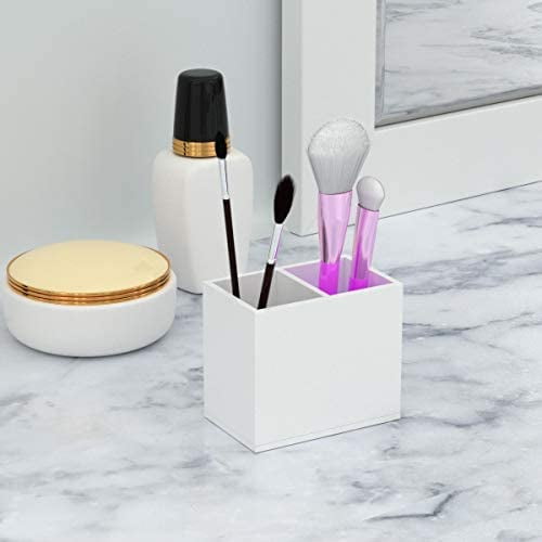 Acrylic Pen Holder 2 Compartments, White Pencil Organizer Cup for Countertop Desk Accessory Storage