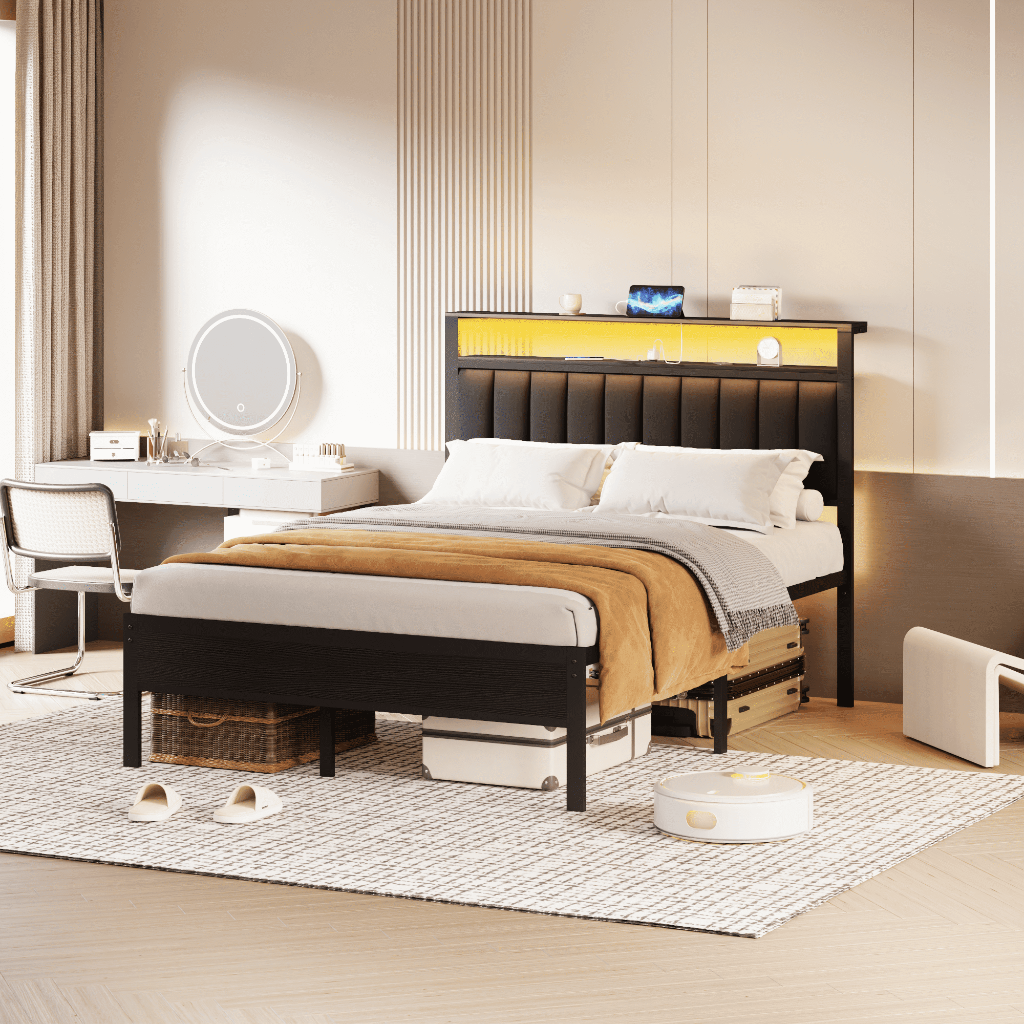 Tydimor Queen Size Platforrm Bed Frame with Charging Station, LED Standard Storage Space Bed for Bedroom, No Box Spring Needed
