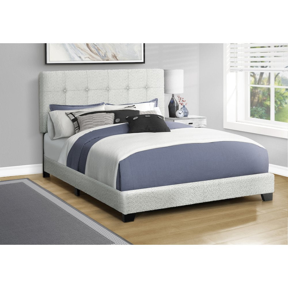 Monarch Bed, Queen Size, Upholstered, Frame Only, Bedroom, Light Grey Boucle