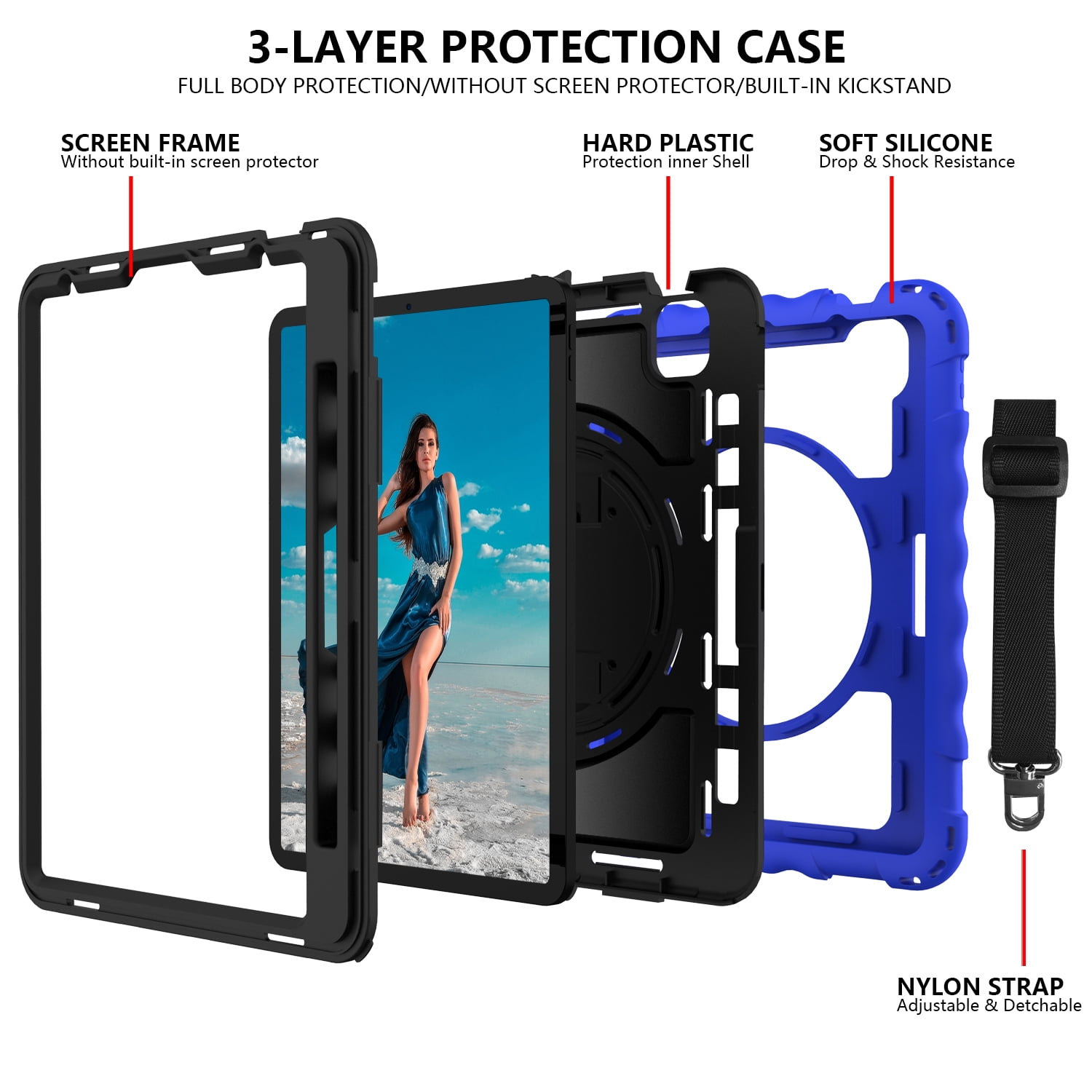 Allytech iPad Air 5 4 10.9 Case 2022/2020, Heavy Duty Shockproof Kids Case with Pencil Holder Hand Strap Kickstand Shoulder Strap for Apple iPad Air 5th 4th Generation 10.9 Inch -Blue