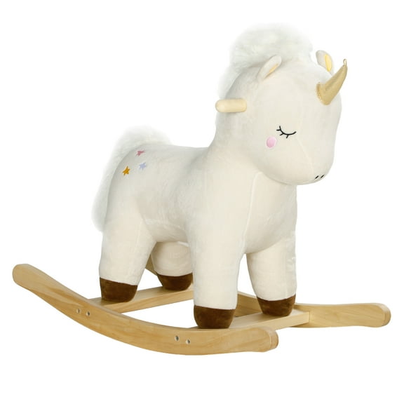 Qaba Rocking Horse, Plush Ride on Unicorn with Realistic Sound, Wooden Base, Toddler Rocking Horse for 2-4 Years, White