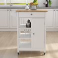 thumbnail image 2 of Kitchen Island Cart, Rolling Trolley Cart with Towel Rack Rubber Wood Table Top Kitchen Cart with Storage and Open Shelves, White & Oak, 2 of 9