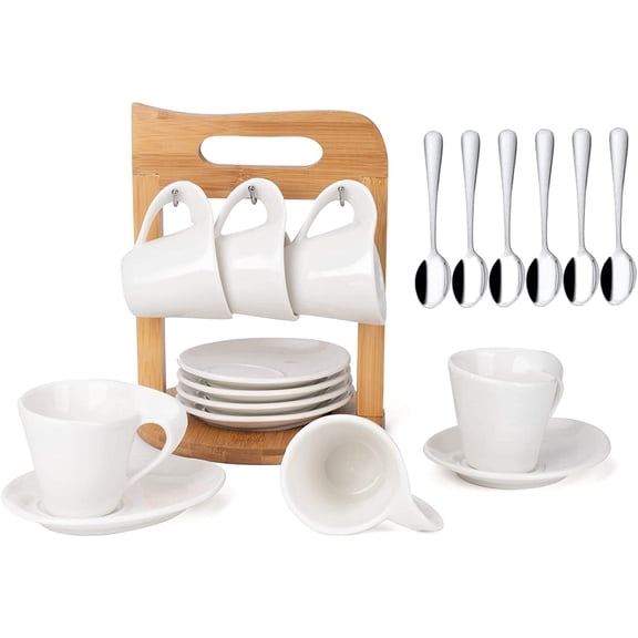 Espresso Cups Set of 6, 2.5oz Ceramic Demitasse Cups Set with Saucers & Spoons, Complete Set with Storage Holder, Perfect for Home, Office, and Gift Giving