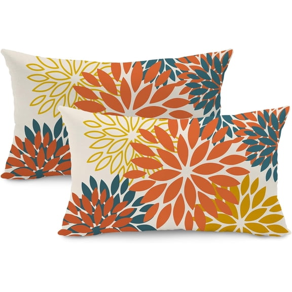 Orange Yellow Flower Pillow Covers 12x20 Inch Set of 2 Fall Throw Pillows Outdoor Waterproof Decor for Living Room Sofa Patio Funiture Garden Floral Polyester Pillow Covers 012E12