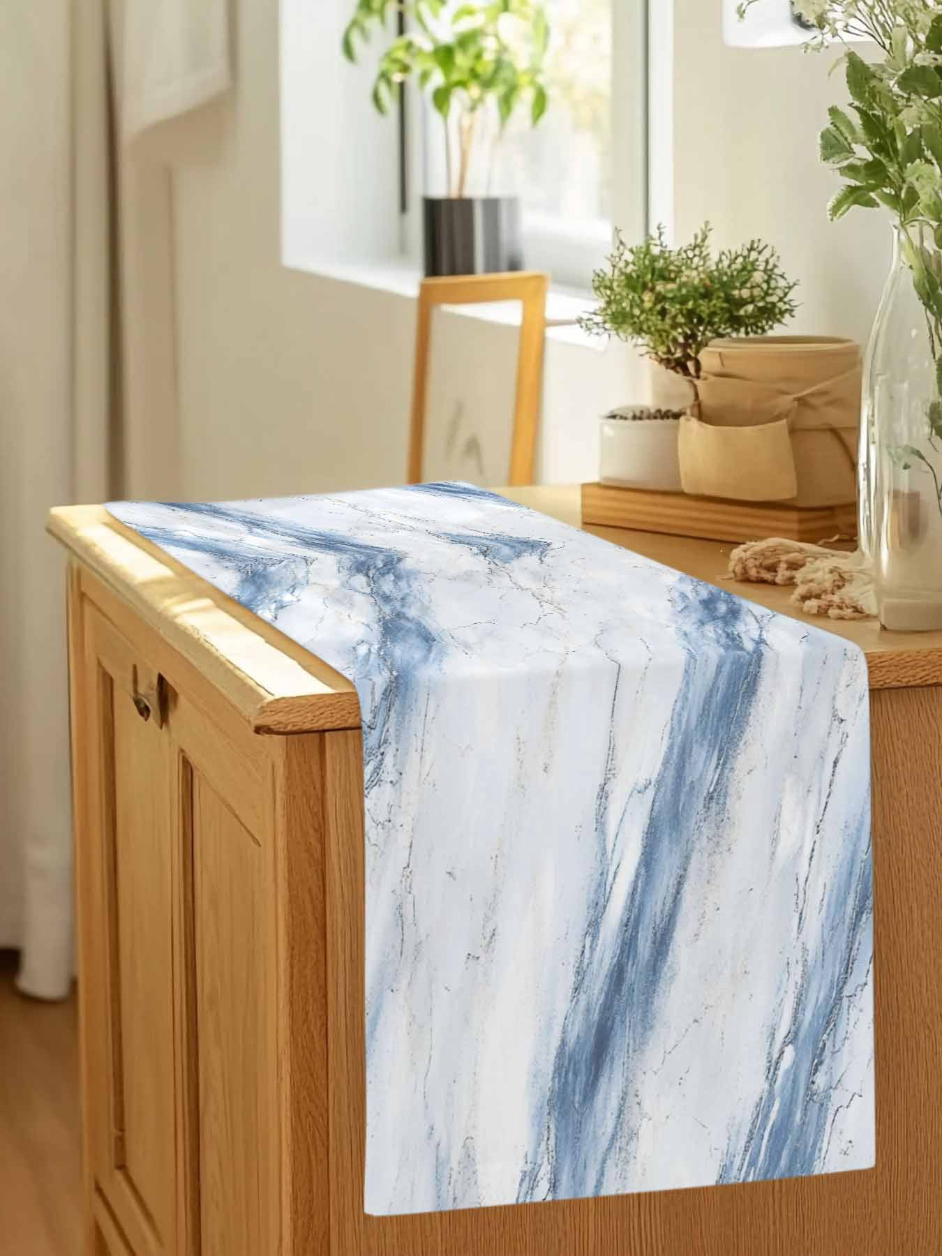 Abstract Marble Texture Table Runner 90 Inches Long, Modern Blue White Stone Art Table Runners Tabletop Scarf Kitchen Dining Tables Decoration for Home Party Indoor Outdoor