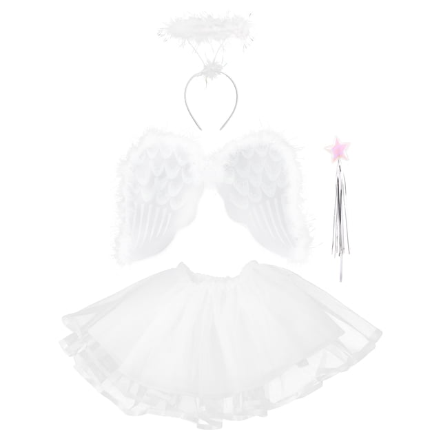 Conjunto de 4 disfraces de ángel con diadema, alas, varita y falda tutú para niñas (ángel)