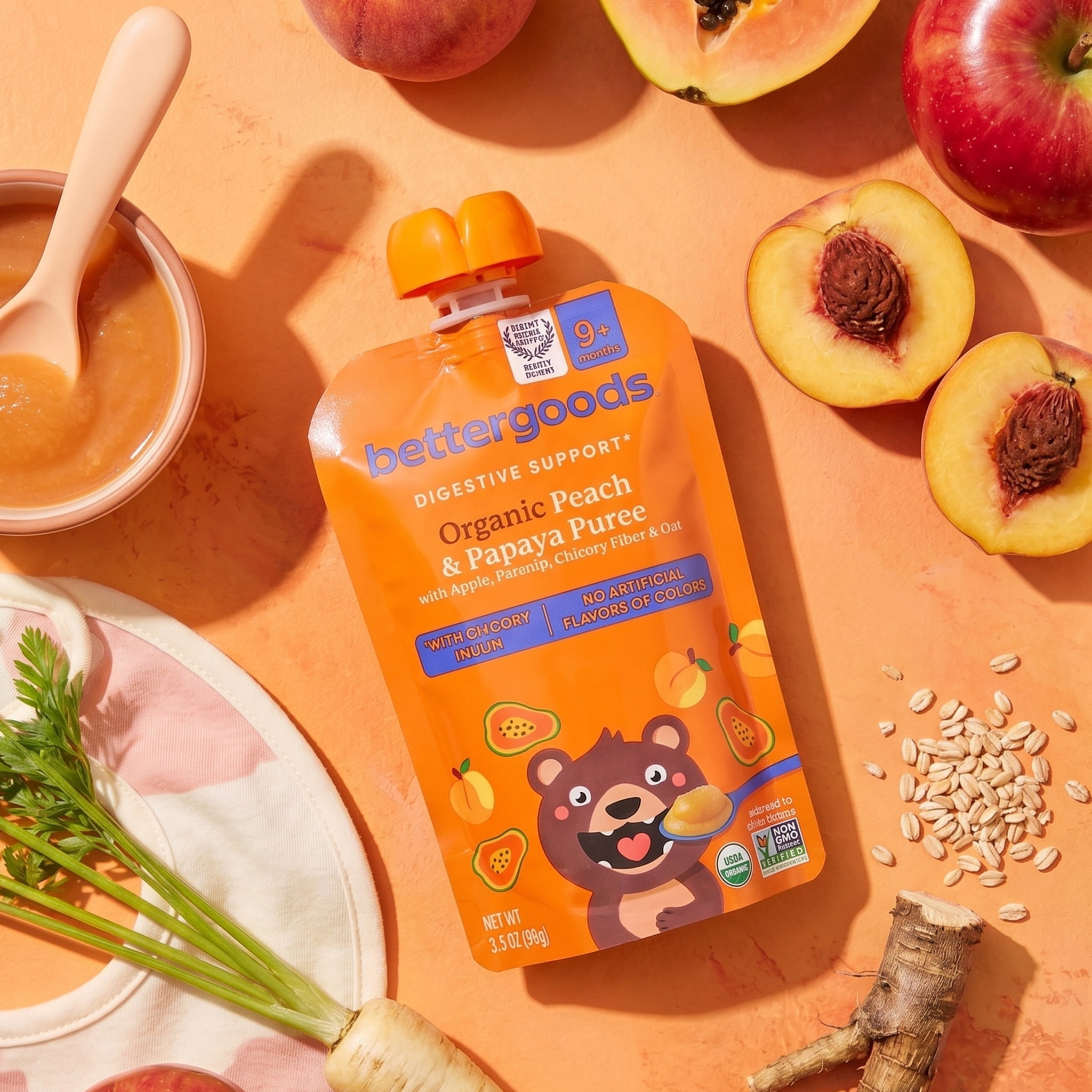 (12 pack) bettergoods Organic Stage 3 Baby Food Digestive Support Blend, Peach and Papaya Puree, 3.5 oz Pouch