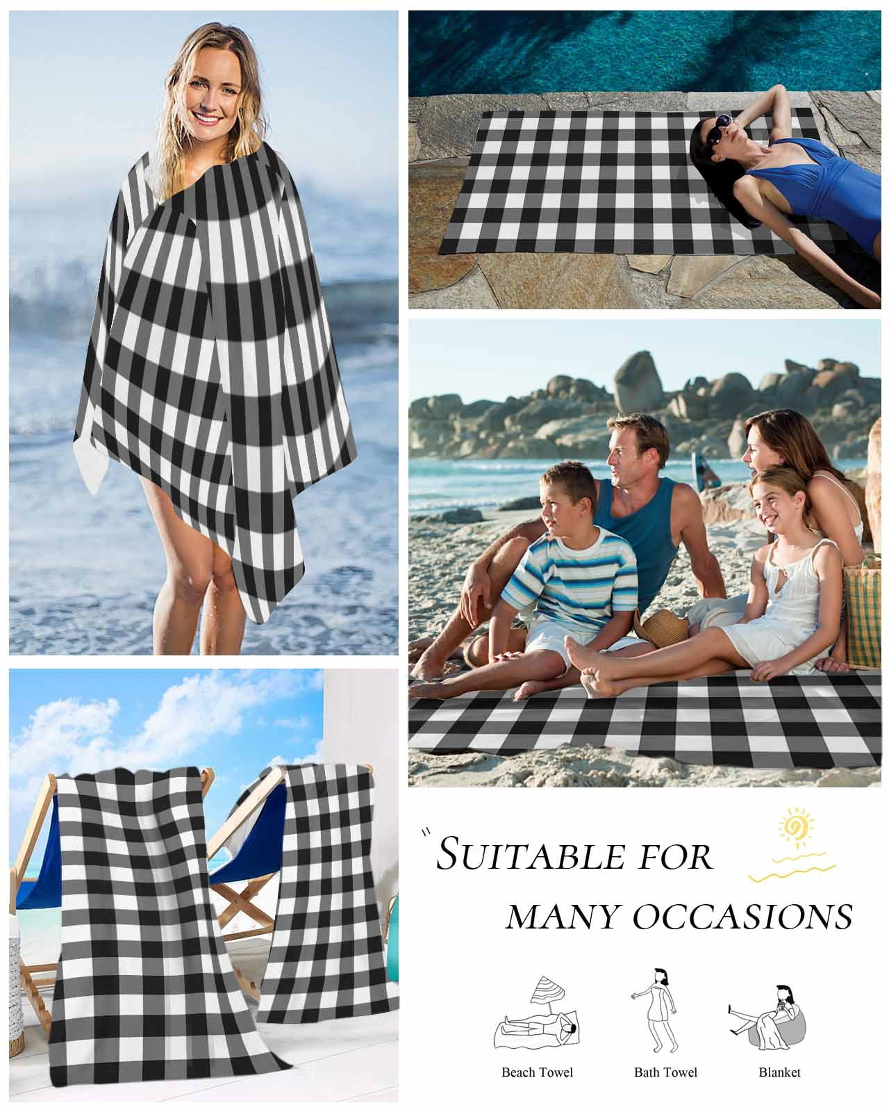 Black White Plaid Beach Towels Oversized Super Absorbent, Modern Simple Buffalo Check Gingham Lightweight Bath Towel Quick Dry Sets For Bathroom/Pool/Rv Camping/Beach Play/Gym Room/Picnic 23"x47"
