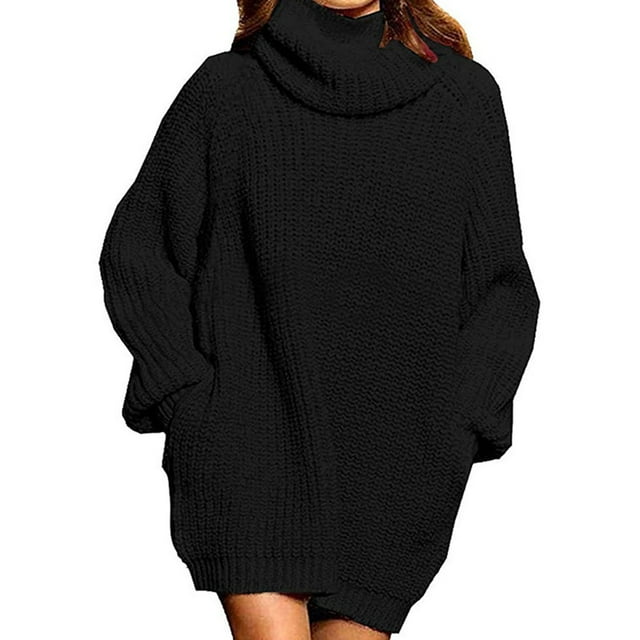 Vestido suéter de cuello alto Vestido jersey de manga larga Suéter de color puro de gran tamaño para mujer Negro M