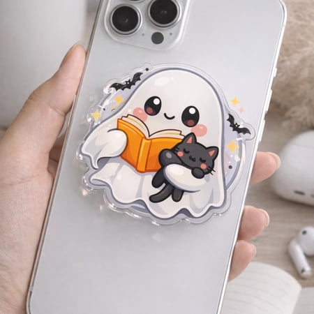 Ghost Holding Book and Cat Phone Grip: Halloween Cute Bookish Ghost with Cat Griptok, Spooky Magnetic Phone Holder