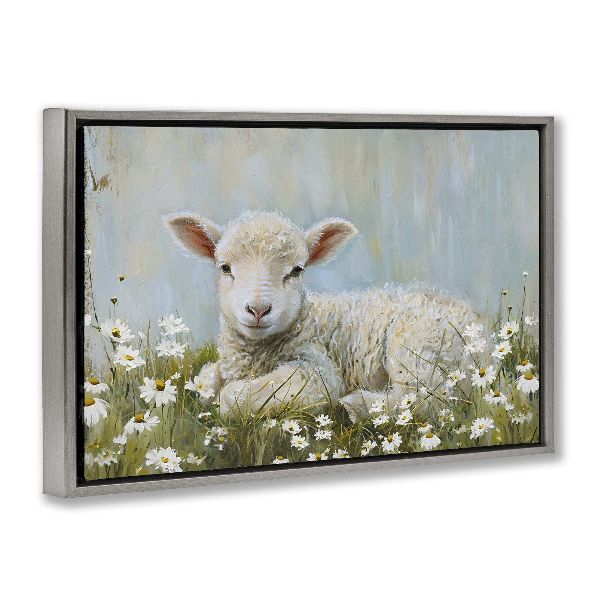 Stupell Industries Lamb Resting in Meadow Animals & Insects Painting Gray Floater Framed Canvas Art Print Wall Art, 31 x 21