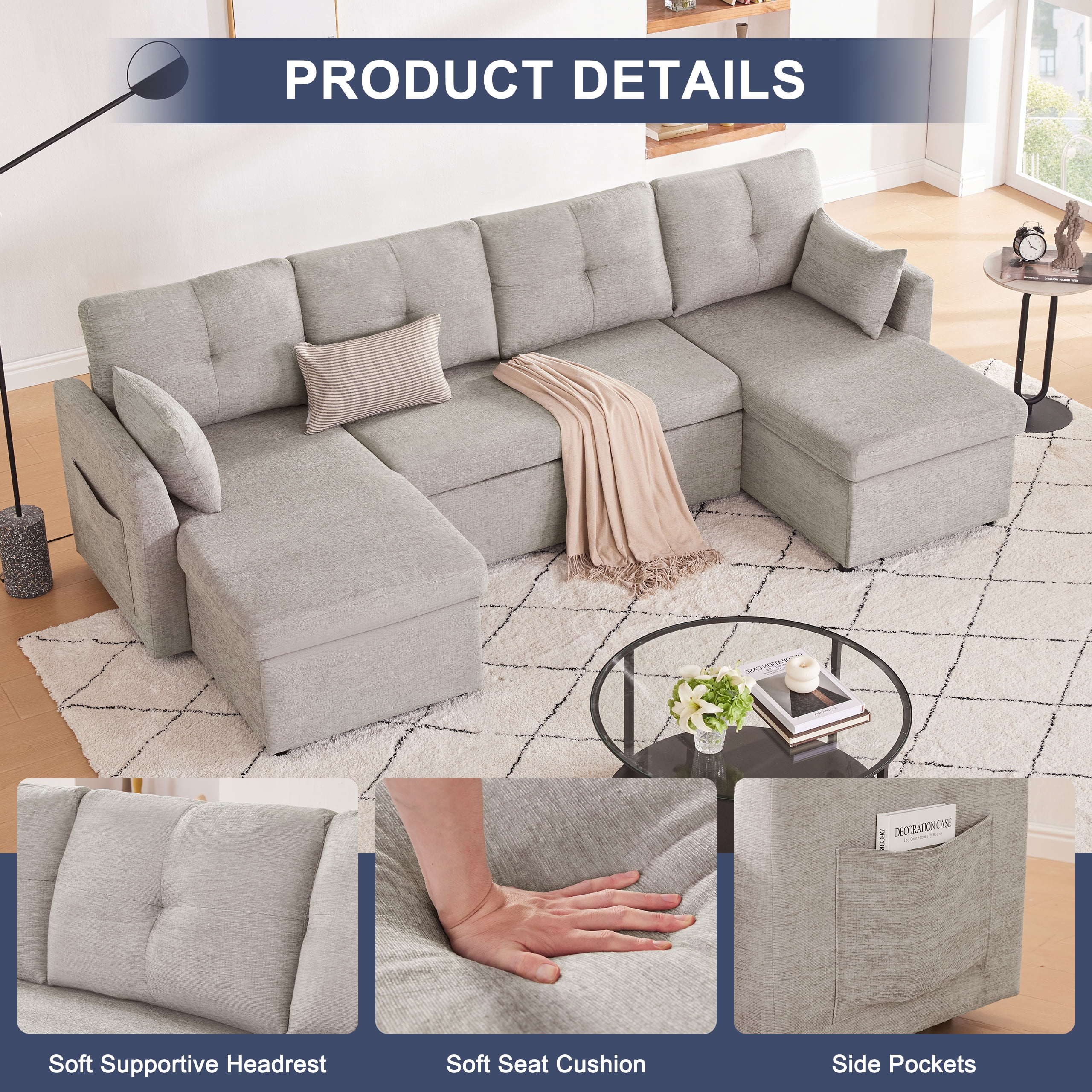 Weture Sectional Sleeper  Sofa, 2 in 1 Pullout Bed with Storage Chaise and Pillows, Side Pocket, LightGray