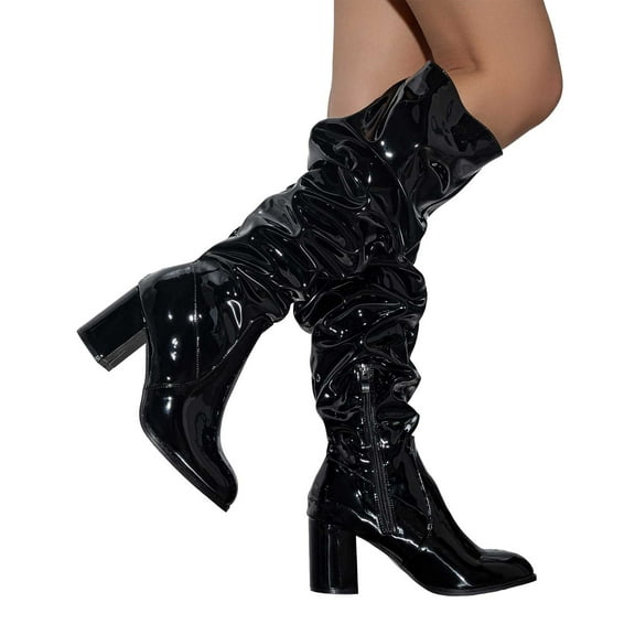 Women's Slouchy Knee High Boots Winter Fall Fashion Leather Chunky Heels Zip up Tall Dress Boots