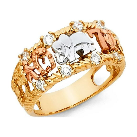 14k Tri Color Real Solid Gold CZ Lucky Elephant Charm Ring 10mm